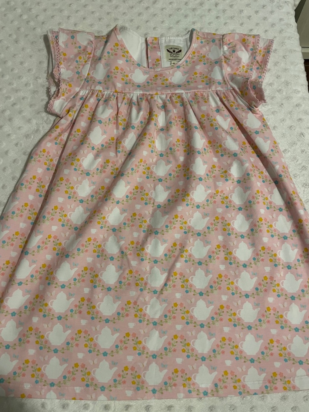 Pink Floral & White Tea Pots and Cups Casual Dress for Kids